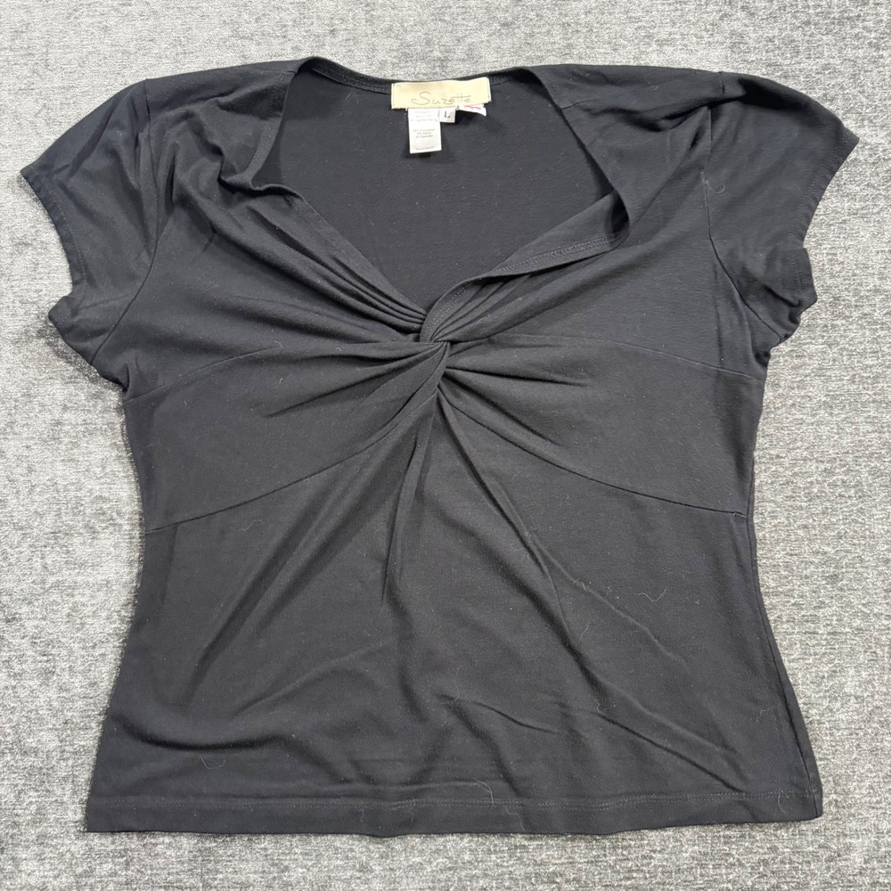 Suzette Womens Black Twist Front V-Neck Short Sleeve Top S6505 Made in USA L